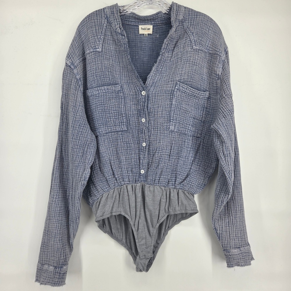 Peach Love Bodysuit M Blue Gauze Long Sleeve Button Down Boho Eclectic Rustic